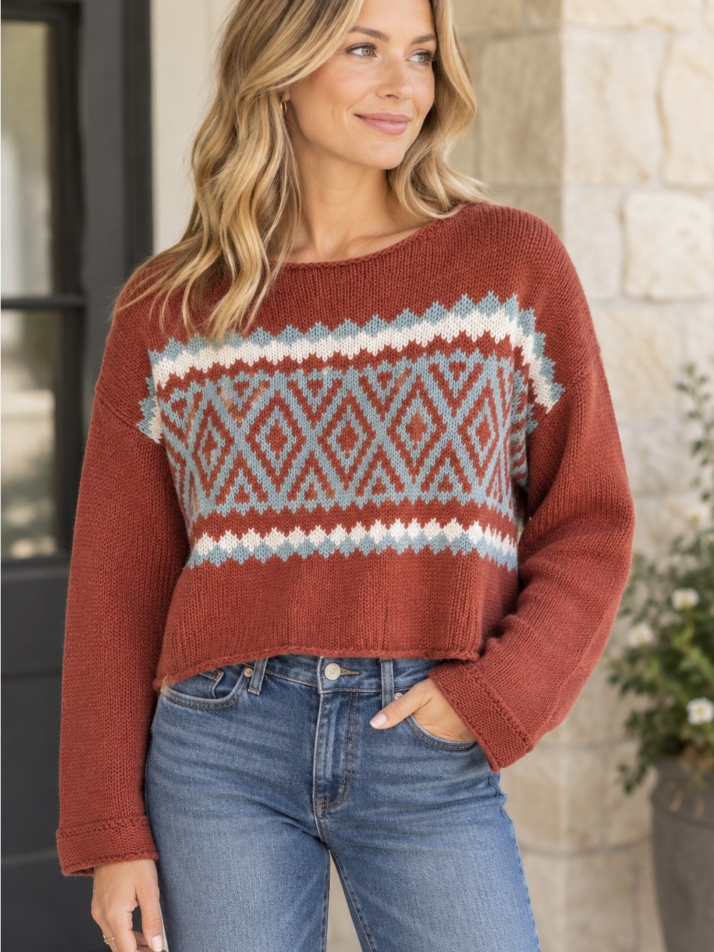 Altar'd State Rust Geometric Knit Boatneck Sweater
